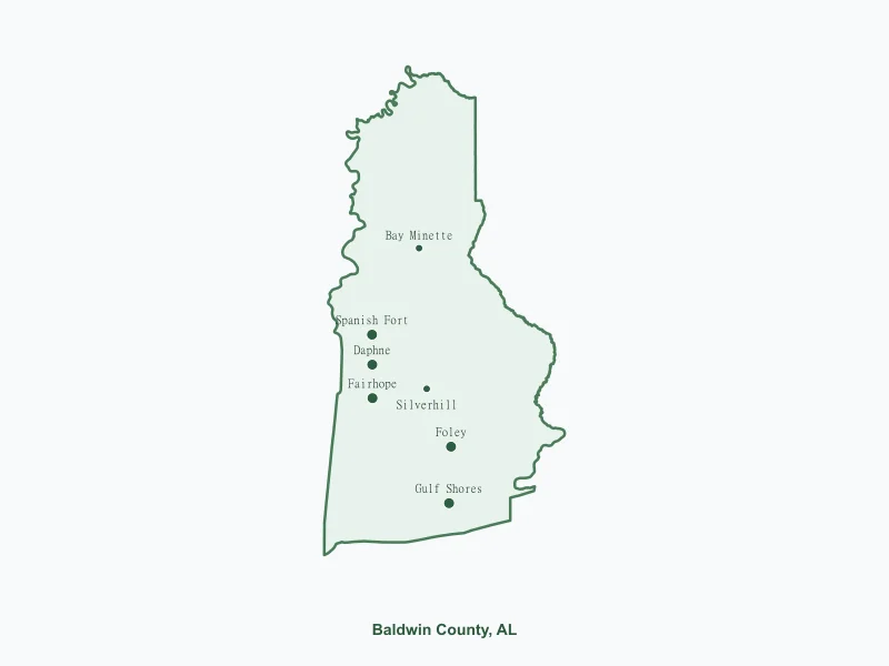 Map of Baldwin County, AL showing major cities