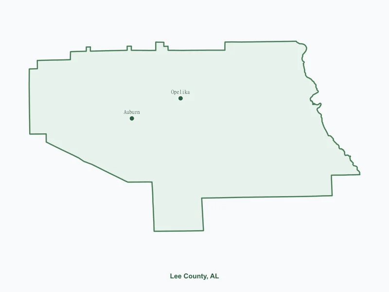 Map of Lee County, AL showing major cities
