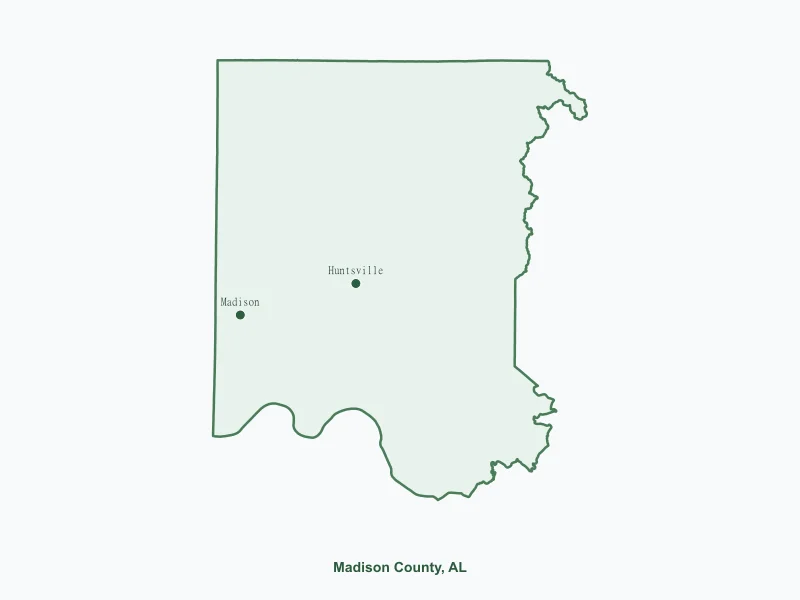 Map of Madison County, AL showing major cities