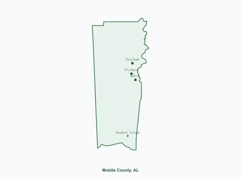 Map of Mobile County, AL showing major cities